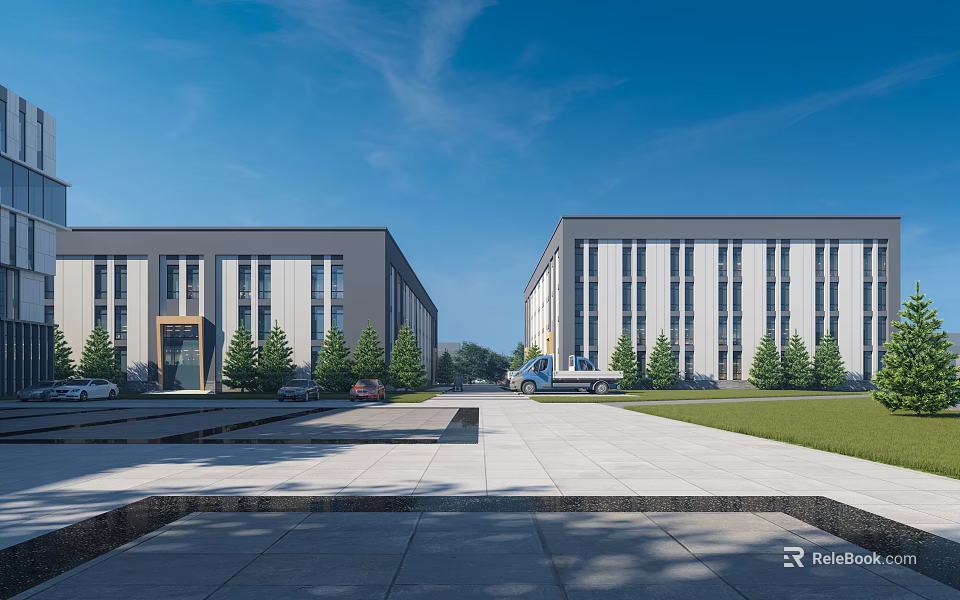 Modern Industrial Factory Building Exterior With Green Trees Truck And Open Square 3d model 