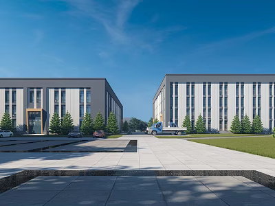 Modern Industrial Factory Building Exterior With Green Trees Truck And Open Square 3d model