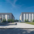 Modern Industrial Factory Building Exterior With Green Trees Truck And Open Square