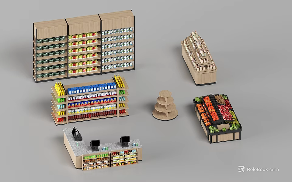 Various Retail Display Shelves With Multi Tier Design For Grocery And Fruit 3d model 