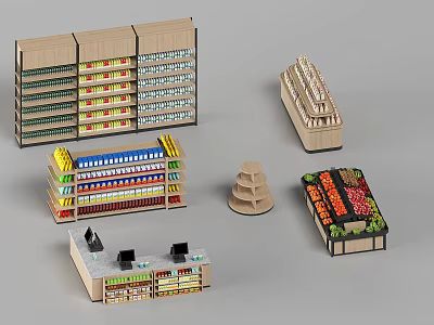 Various Retail Display Shelves With Multi Tier Design For Grocery And Fruit 3d model