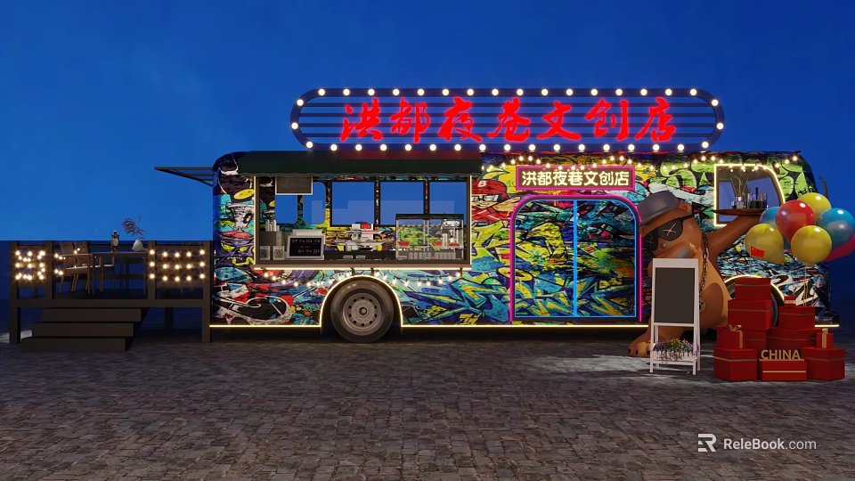 Dessert Shop On Colorful Graffiti Food Truck With Neon Sign At Night 3d model 