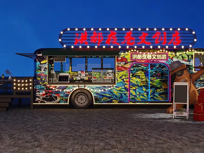 Dessert Shop On Colorful Graffiti Food Truck With Neon Sign At Night 3d model