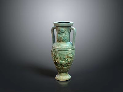 Green Ceramic Sculpted Vase With Two Handles And Intricate Carved Patterns 3d model