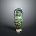 Green Ceramic Sculpted Vase With Two Handles And Intricate Carved Patterns