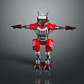 Game Movie Character Red Robot With Metallic Armor Horned Head And Mechanical Design
