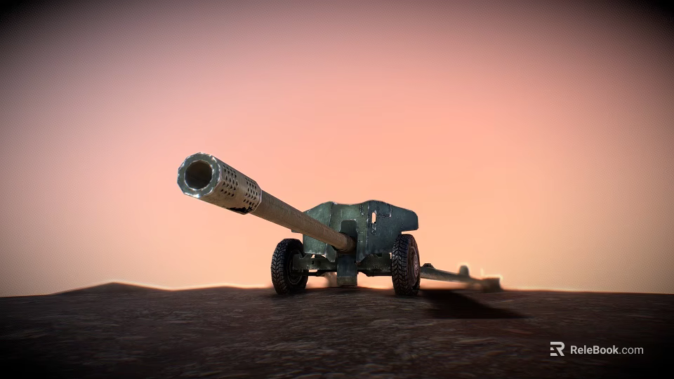Old Rusty Green Blue Tank With Long Cannon On Desert Ground Under Red Sky 3d model 