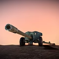 Old Rusty Green Blue Tank With Long Cannon On Desert Ground Under Red Sky