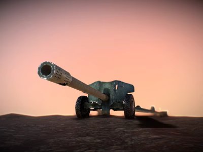 Old Rusty Green Blue Tank With Long Cannon On Desert Ground Under Red Sky 3d model