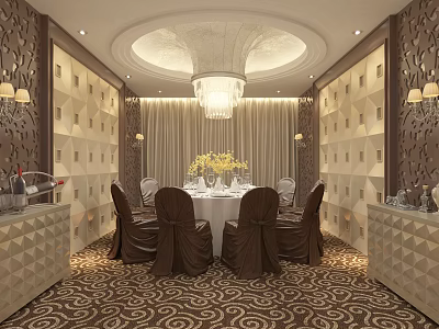 Luxurious Restaurant Private Dining Room With Round Table White Tablecloth Brown Chair Covers Chandelier 3d model