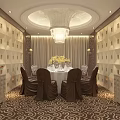 Luxurious Restaurant Private Dining Room With Round Table White Tablecloth Brown Chair Covers Chandelier