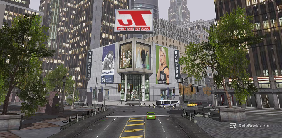 Vibrant Commercial Street With High Rise Buildings Fashion Billboards Vehicles Trees And Streetlights 3d model 