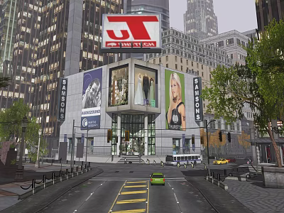 Vibrant Commercial Street With High Rise Buildings Fashion Billboards Vehicles Trees And Streetlights 3d model