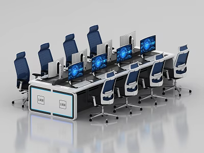 Professional Control Room Interior With Multiple Monitors Blue Chairs And Long Desk 3d model