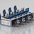 Professional Control Room Interior With Multiple Monitors Blue Chairs And Long Desk 3d model