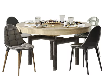 Modern Round Wooden Dining Table Set With Gray Upholstered Chairs And Tableware 3d model
