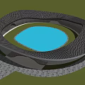Modern Curved Building Featuring Streamlined Roof Metal Panels And Blue Water Feature On Lawn