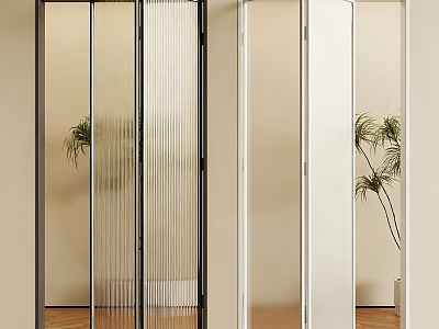 Glass Folding Doors With Black And White Frames Green Plants Light Walls And Wooden Floor 3d model