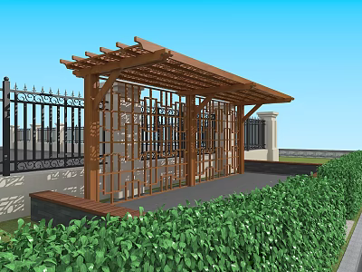 Wooden Pergola With Latticed Roof Black Iron Fence Green Shrubs And Stone Base Outdoor Garden 3d model