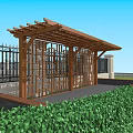 Wooden Pergola With Latticed Roof Black Iron Fence Green Shrubs And Stone Base Outdoor Garden