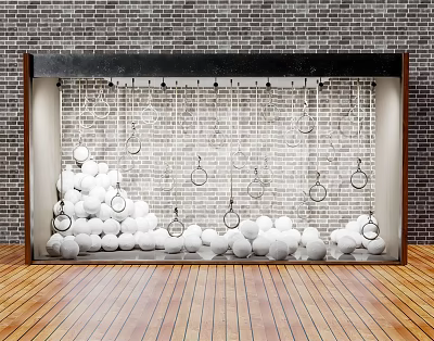 Shop Window Display Featuring White Spheres And Hanging Metal Rings On Brick Wall Wooden Floor 3d model
