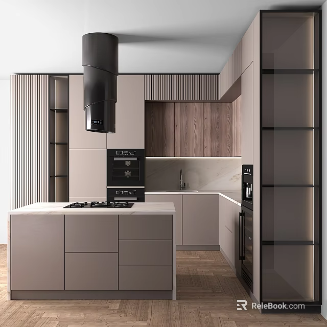 Modern Kitchen Interior With Wooden Cabinets Island Counter And Appliances 3d model 