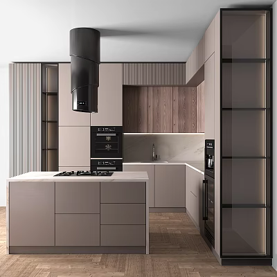 Modern Kitchen Interior With Wooden Cabinets Island Counter And Appliances 3d model