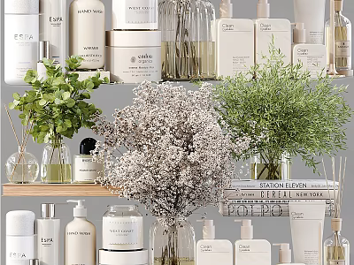 Stylish Bathroom Accessories Setup With Green Plants And Toiletry Bottles 3d model