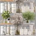 Stylish Bathroom Accessories Setup With Green Plants And Toiletry Bottles