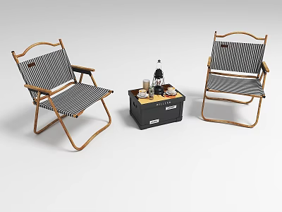 Comfortable Foldable Leisure Chairs with Wooden Frame and Striped Fabric and Black Table with Items 3d model