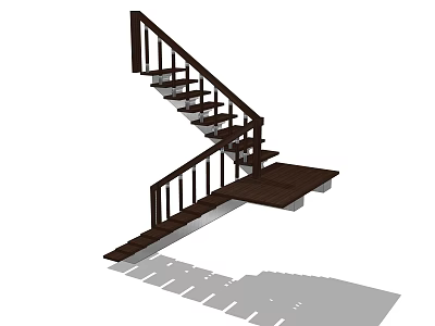 Wooden Staircase With Double Flight Design And Handrail Landing Shadow 3d model