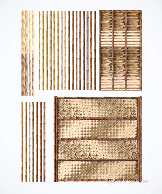 Bamboo And Wooden Room Dividers With Vertical Slats And Woven Texture 3d model 