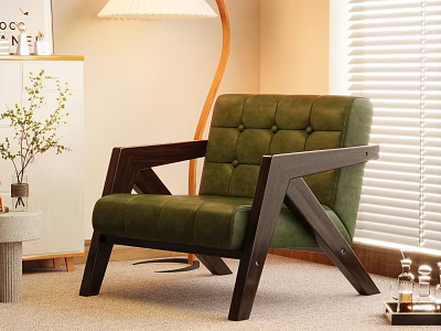 Green Tufted Accent Chair With Dark Wood Frame In Modern Living Room 3d model