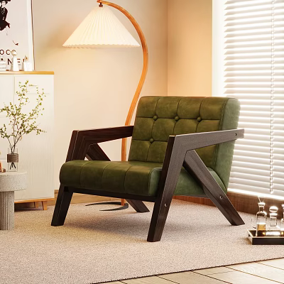 Green Tufted Accent Chair With Dark Wood Frame In Modern Living Room 3d model