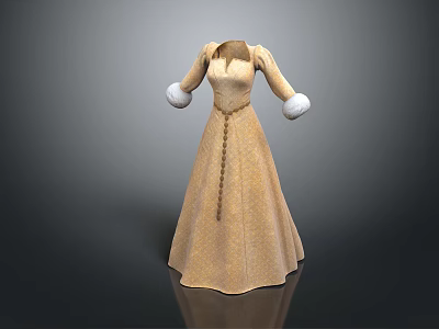 Beige Long Sleeve Dress With Fur Collar White Cuffs And Decorative Braid 3d model