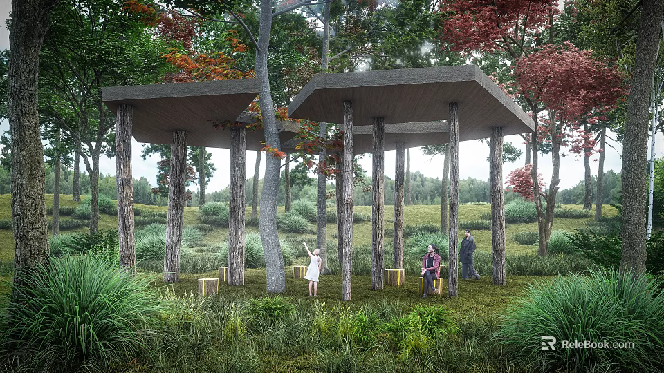 Scenic Landscape Pavilion In Grassland With Trees Green And Red Leaves And People Resting 3d model 