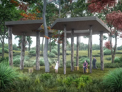 Scenic Landscape Pavilion In Grassland With Trees Green And Red Leaves And People Resting 3d model