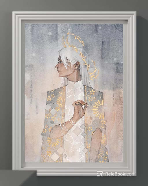Portrait Painting of White Haired Figure in Profile with Gold Wreath and Gold Patterned Robe 3d model 