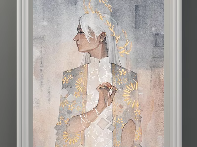 Portrait Painting of White Haired Figure in Profile with Gold Wreath and Gold Patterned Robe 3d model