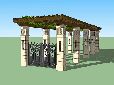Pergola Outdoor Structure With Stone Columns Green Vines And Black Iron Gate 3d model