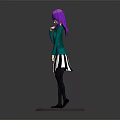 Anime Character 3D Model With Purple Hair Green Coat Striped Skirt Standing On Base