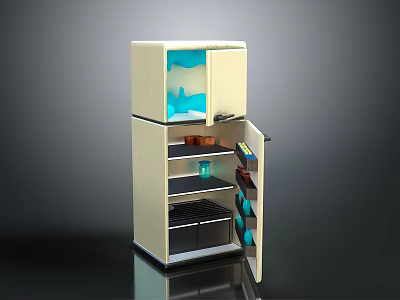 Modern Double Door Refrigerator With Open Door Showing Organized Interior Storage Shelves 3d model