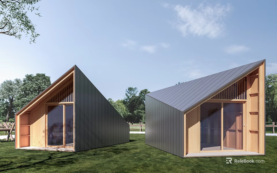 Modern Guesthouse Buildings Featuring Sloped Roofs Wooden And Metal Exteriors On Green Lawn With Trees 3d model 