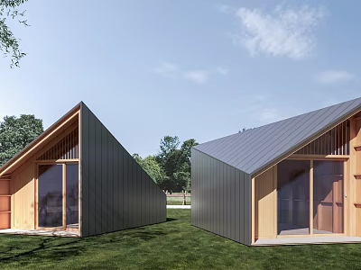 Modern Guesthouse Buildings Featuring Sloped Roofs Wooden And Metal Exteriors On Green Lawn With Trees 3d model