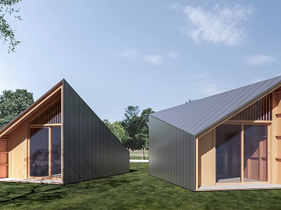 Modern Guesthouse Buildings Featuring Sloped Roofs Wooden And Metal Exteriors On Green Lawn With Trees 3d model