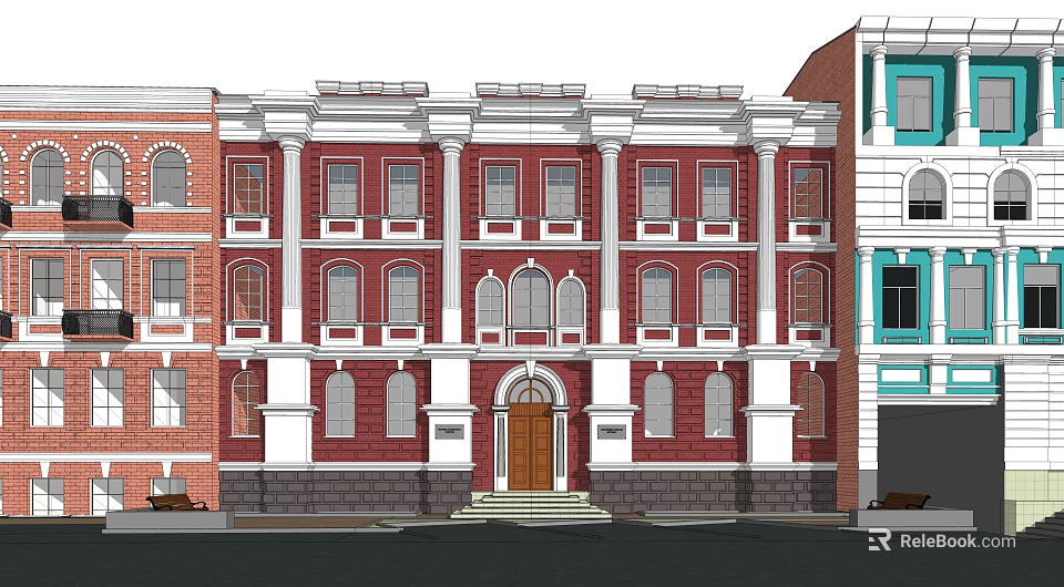Classical Office Building With Red Brick Exterior White Columns And Front Steps 3d model