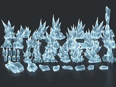 Various Shapes Transparent Blue Crystal Stones With Pointed And Blocky Structures On Black Background 3d model