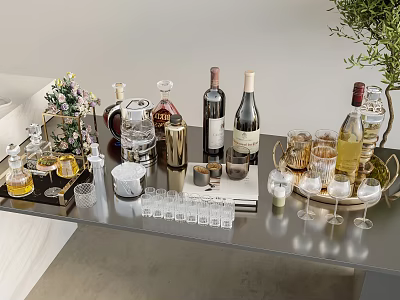 Elegant Assorted Wine Bottles And Various Glasses On Stylish Tabletop With Decor 3d model