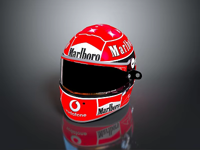 Red Military Combat Helmet With Marboro Vodafone Logos And Reflective Design 3d model