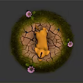 Cute Cartoon Lion Cub On Stone Ground With Green Grass Pink Flowers And Small Butterfly